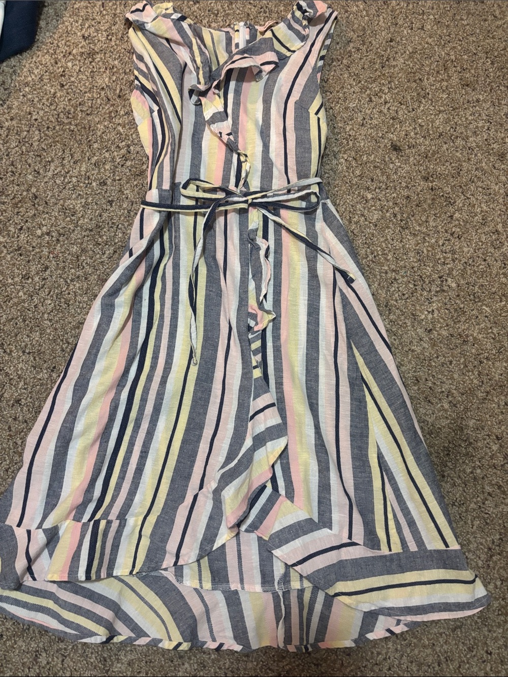 Womens ' Stripe Ruffle Belted Dress in Pastel Multi-Color